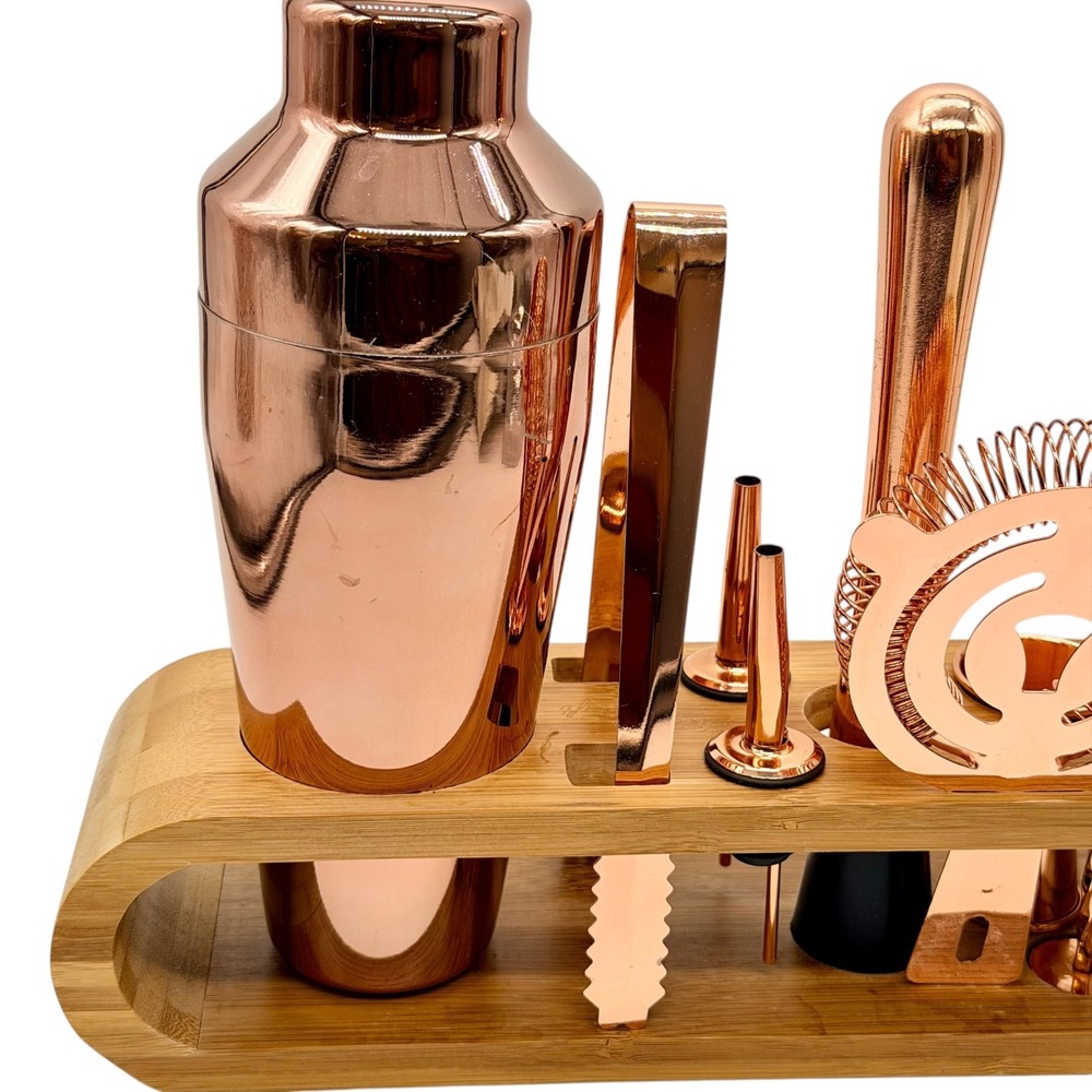 Mixology & Craft Bar‎ Set 10-Piece Rose Gold Cocktail Shaker Kit Bamboo Stand - Picture 7 of 10